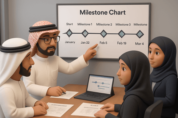 Ahmed developing the LumiGems project schedule with a milestone chart