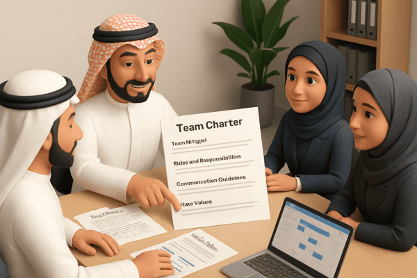 Ahmed and team discussing the Team Charter