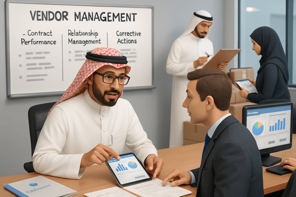 Ahmed reviewing a contract or meeting with a vendor