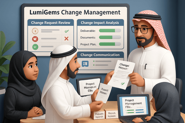 Ahmed reviewing a change request form or leading a change control meeting