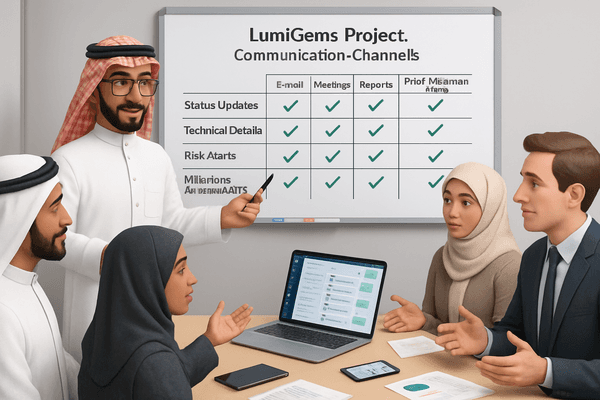 Various communication channels like email, meetings, and software icons