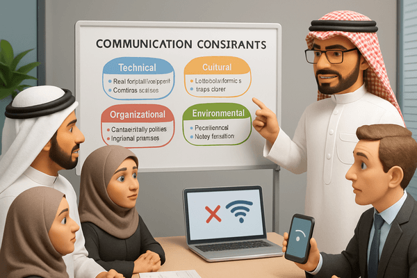 Symbols representing communication constraints like legal gavel or tech limits
