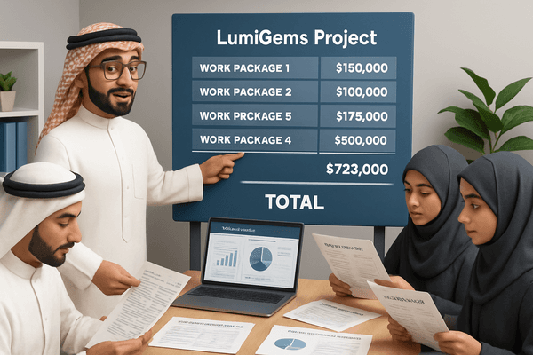 Ahmed calculating the total estimated project cost for LumiGems