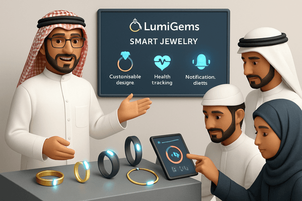 Concept art of LumiGems smart jewelry collection