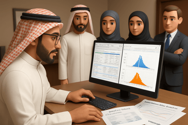 Ahmed reviewing charts from a quantitative risk analysis