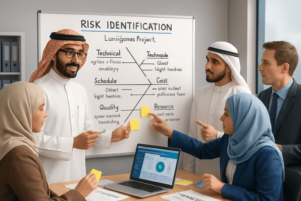Ahmed and team identifying project risks on a whiteboard