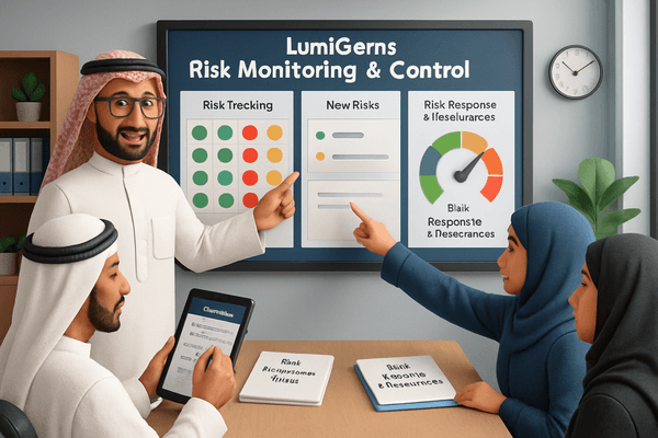 Ahmed reviewing a risk register or risk dashboard