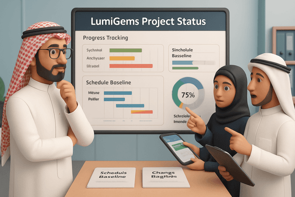 Ahmed reviewing a Gantt chart or project timeline